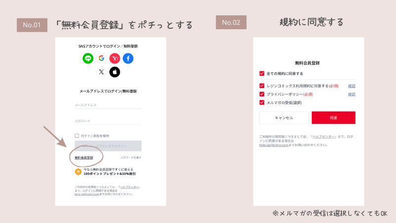 無料会員登録のやり方、STEP1・2